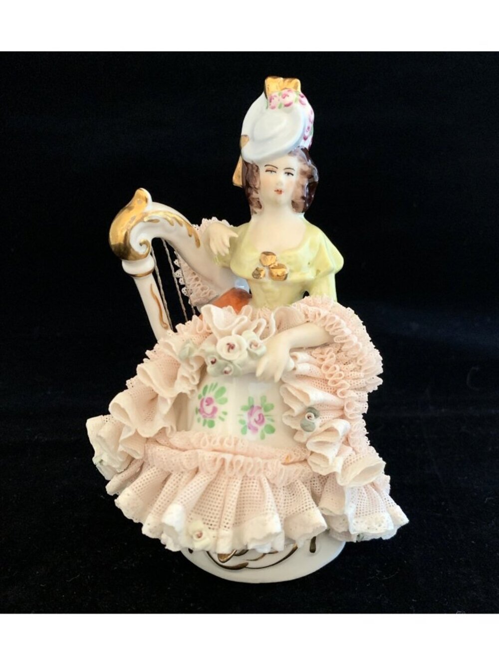 Unterweissbach Porcelain Lace Lady Figurine With Harp 5.5" Germany Vintage